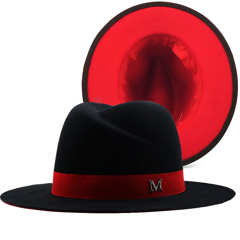 Fedora Hat Wool - Nieuwe Buitenste Zwart Innerlijke Rood Wolvilt